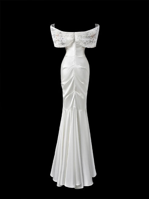 White Off Shoulder Wedding Dress - Satin Evening Dress with Lace - Mermaid Style Evening Gown Plus Size